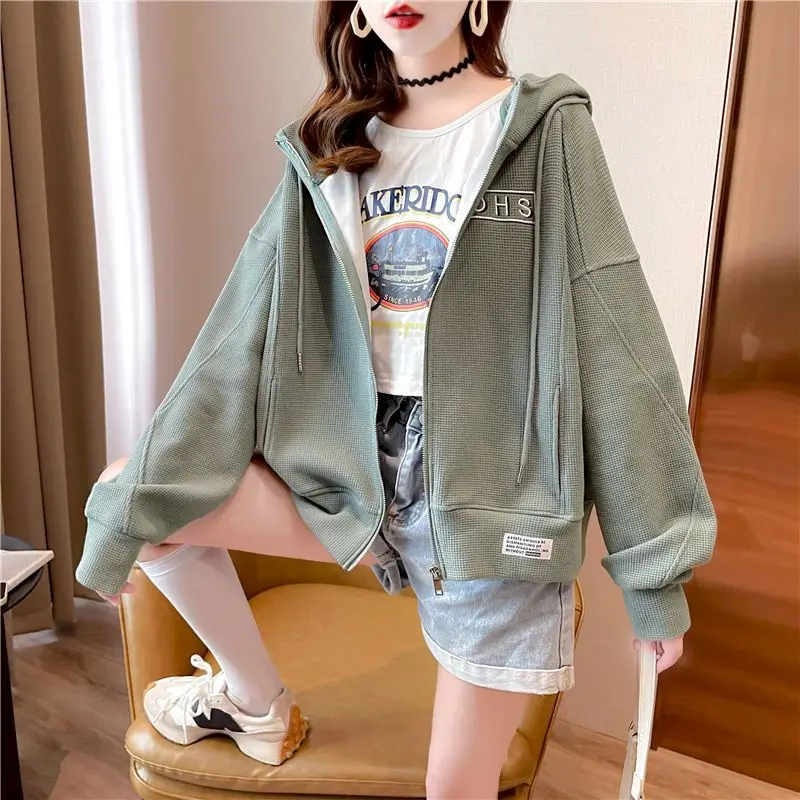 Waffle Short Hoodies Women Spring Autumn Trendy Thin Cardigan Hoodie Korean Style Loose Chic Sports Hooded Coats Casual Jackets