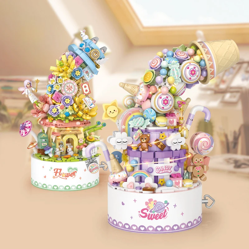 Creative Sweet Dessert World Music Box Mini Block City Street View Flower House Figures Model Building Brick Toy With Light