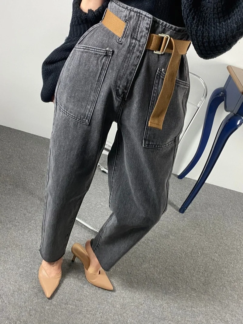 Fashion Vintage Mom Jean Loose Washed Denim Trousers  Women Korean High Waist Ankle Length Baggy Belted Harem Jeans Pants