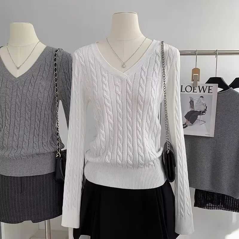 

ITOOLIN Women V-neck Long Sleeve Slim Pullover Cute Vintage Streetwear Y2k Jumper TopTwisted Flower Knitted Sweater for Woman