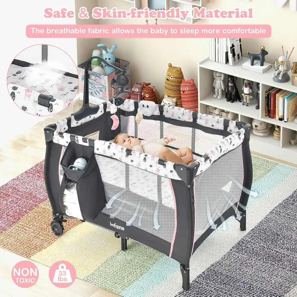 Tragbares 3-in-1-Baby-Reisebett mit Wechseltisch, Laufstall und Cartoon-Matratze – kompakt und faltbar mit Tragetasche