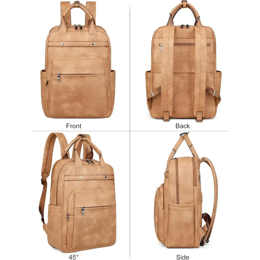 MASINTOR Leather Laptop Backpack for Women Stylish Computer Backpack College Business Work Shoulder Bags Work and Travel Retro