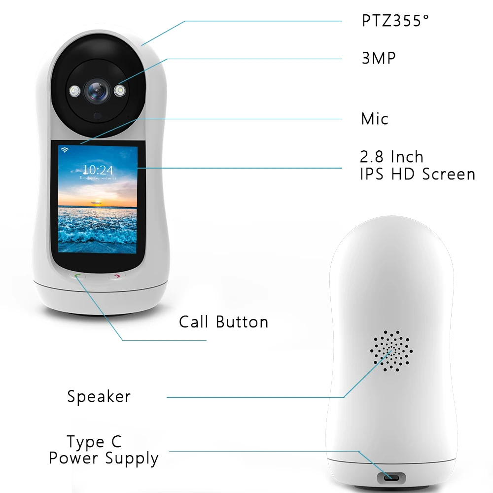 3MP PTZ Wifi Camera Video Call with 2.8 Inch IPS Screen Baby Cry Sound Detection Security IP Camera Baby Monitor iCSee