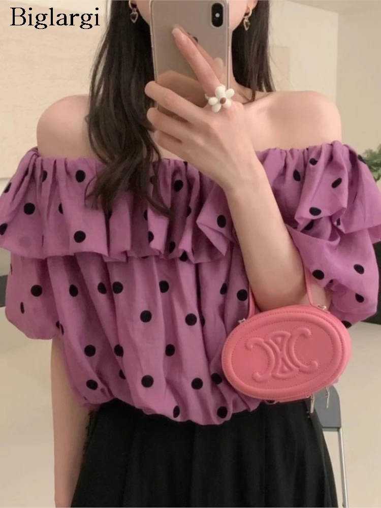 

Chiffon Summer Polka Dot Print T-Shirts Women Ruffle Pleated Patchwork Sweet Fashion Ladies Blouses Loose Woman T-Shirts