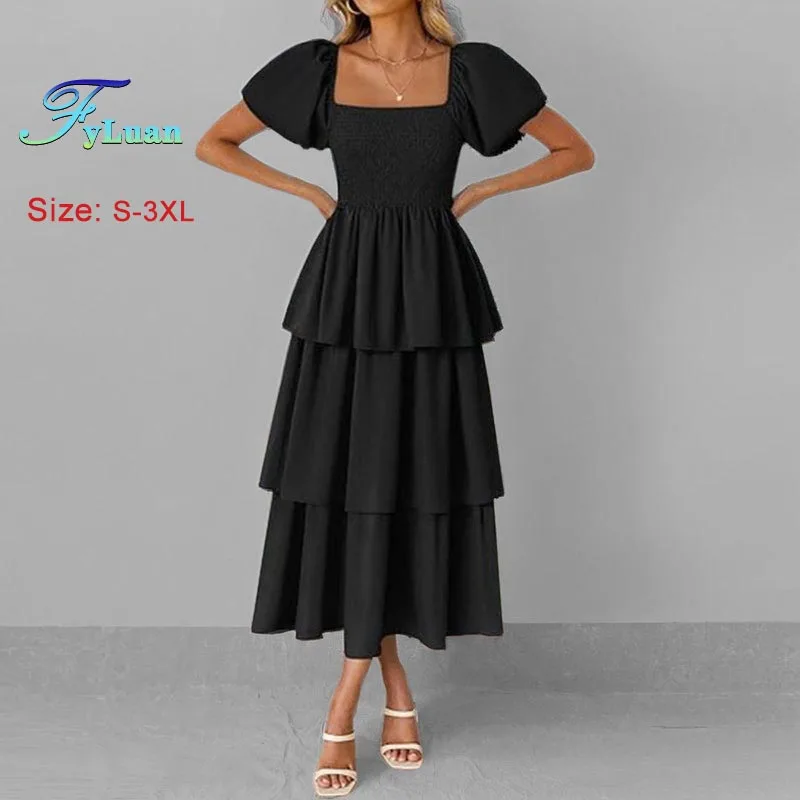 فستان نسائي صيفي جديد بأكمام قصيرة فستان طويل أنيق عالي الخصر بلون سادة وأكمام فقاعية فساتين لحفلات الكوكتيل النسائية #2