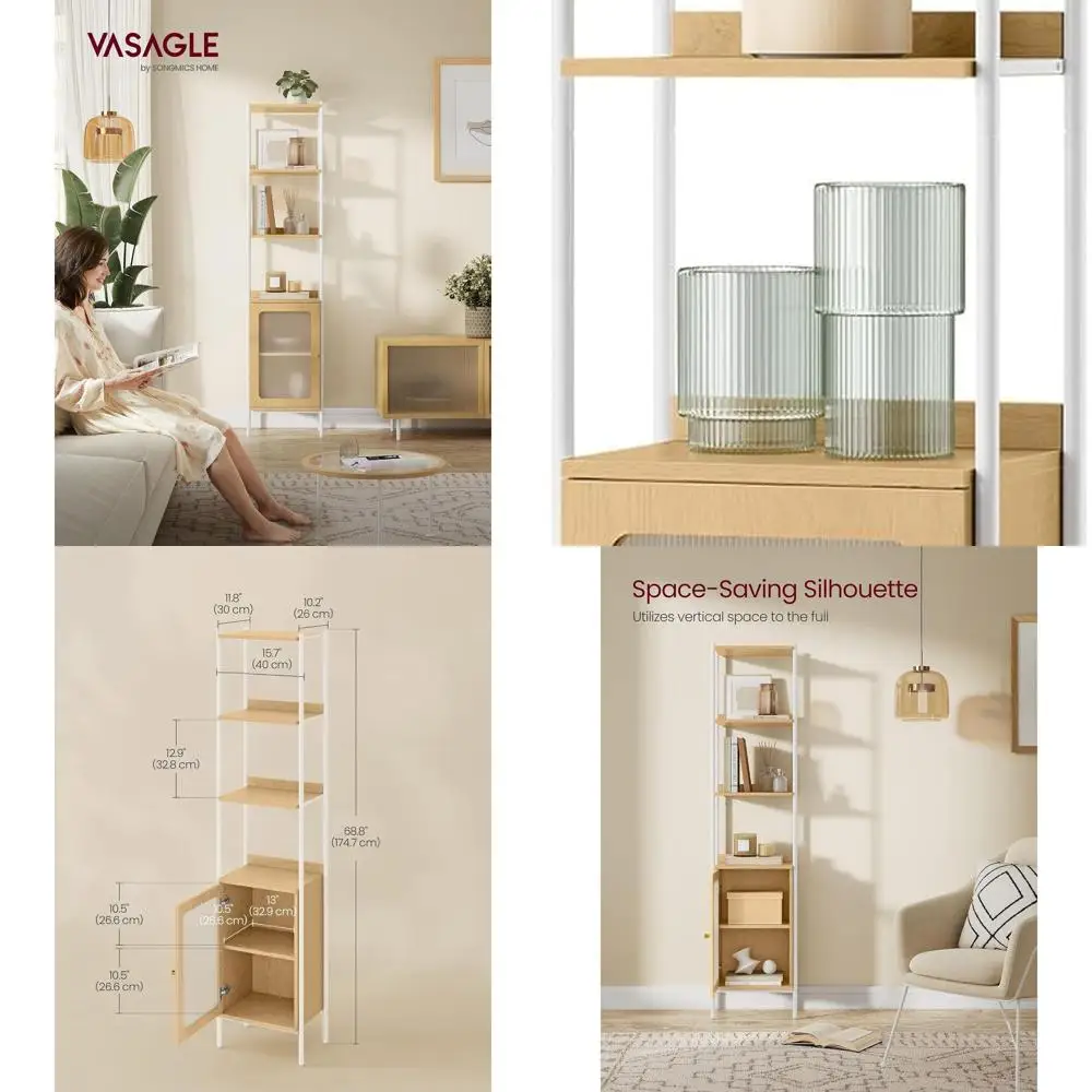 

6-Tier Slim Bookshelf with PC Door, Metal Frame, Adjustable Shelves, Oak Beige & Pearl White, Living Room Storage