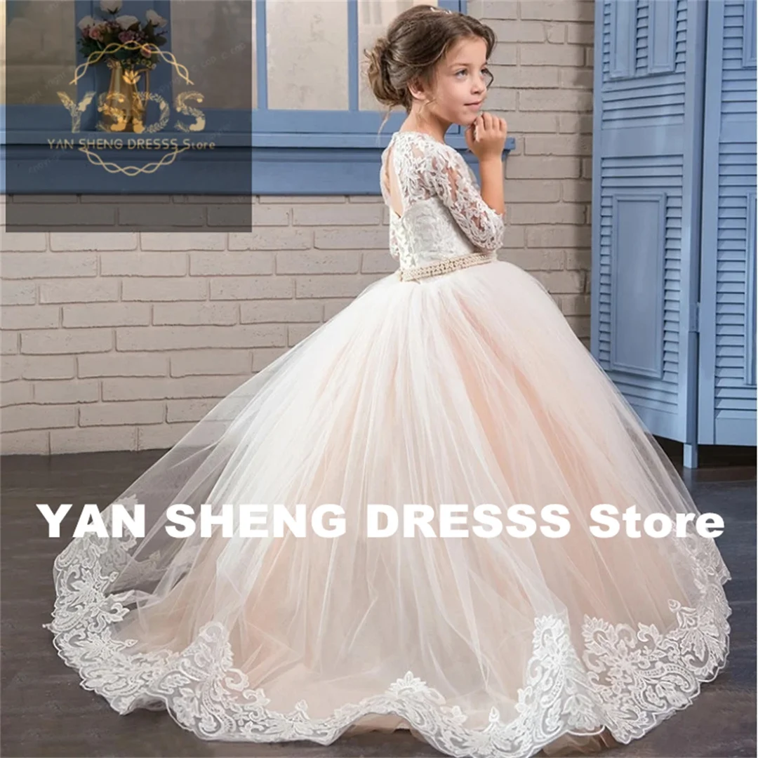 Customized Flower Girl Dresses Champagne Tulle White Appliques Diamond Pearl Belt Half Sleeve For Wedding Birthday First Communi