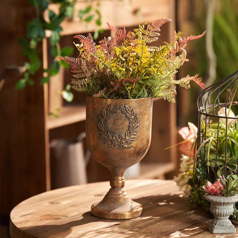 Classical goblet vintage gold distressed wrought iron vase European simulation vase home accessories art flower bucket