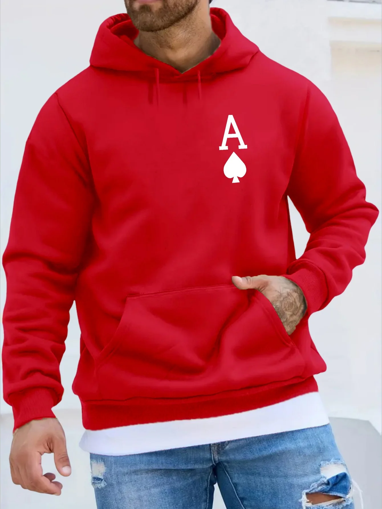 Cool Poker Spade A Graphic Casual Sweatshirt with Kangaroo Pocket, Autumn Winter Long Sleeve Hoodie Pullover for Men