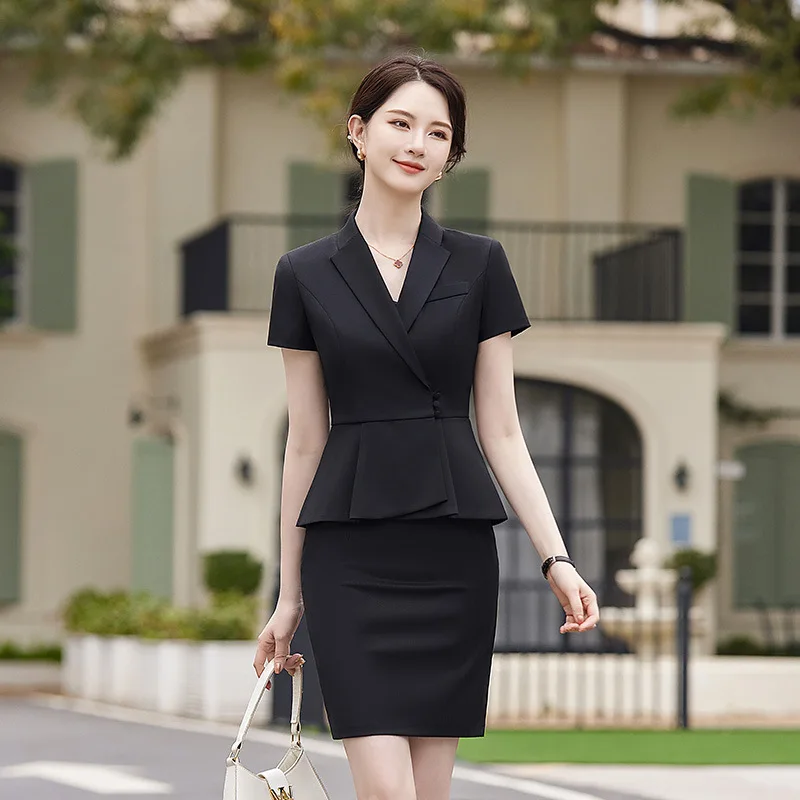 Black Suit for Women, Waist-Cinching, High-End Feel, Thin Short-Sleeve, Jewelry Store High-End Skirt Set, Summer Professional Fo