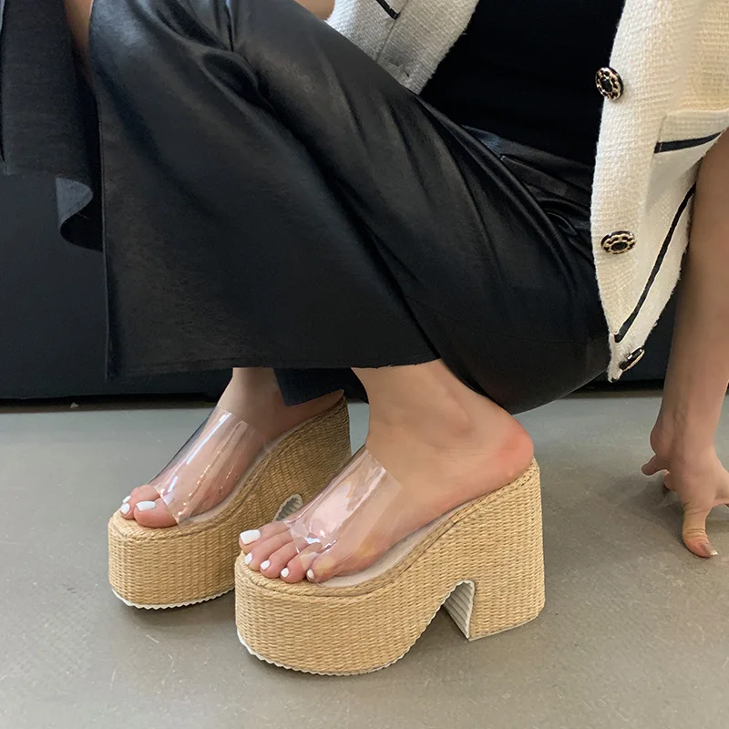 

House Slippers Platform Shoes Woman 2024 On A Wedge Pantofle Big Size Heeled Mules Square heel Low New Summer High Block Slides