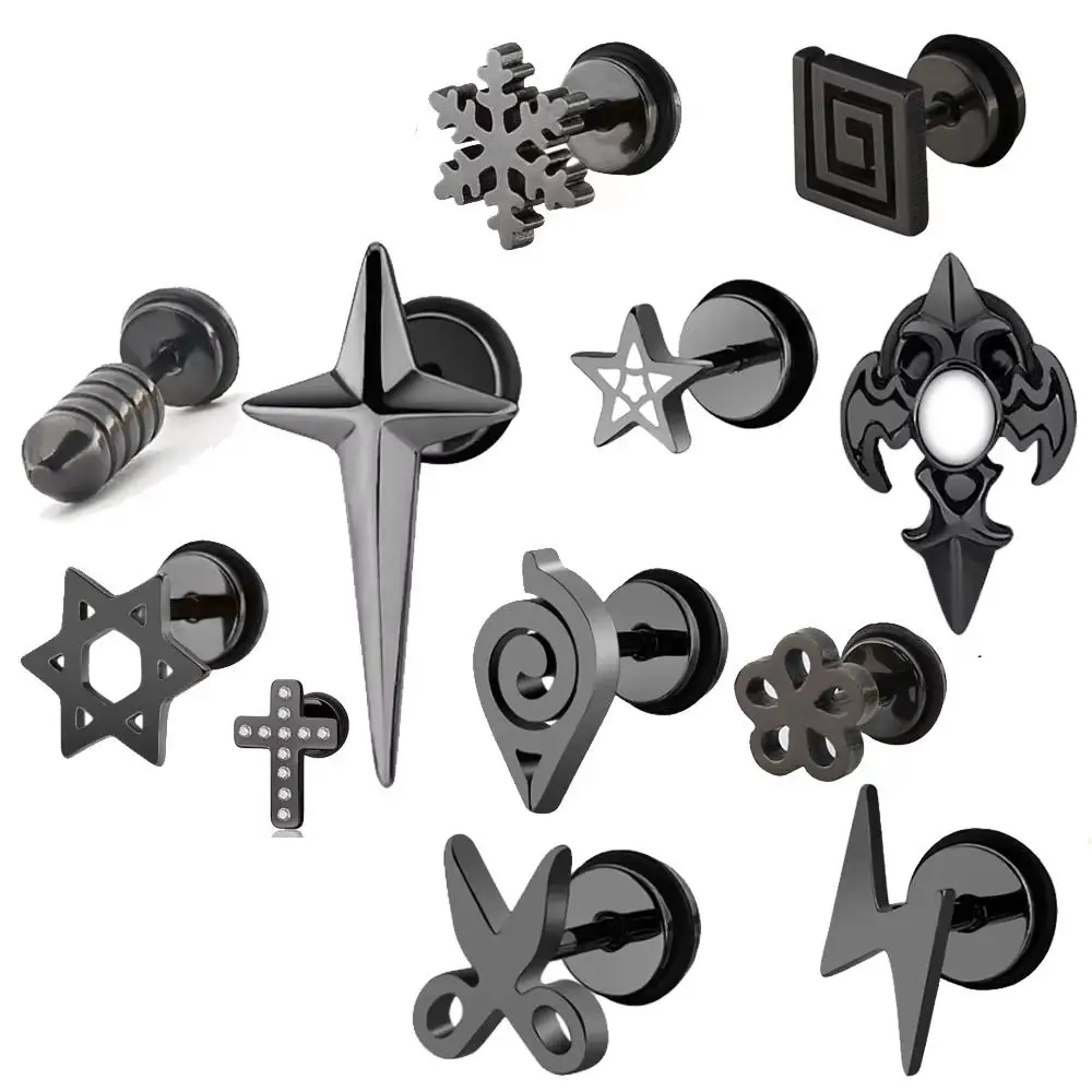 WKOUD Punk Stainless Steel Stud Earrings For Men Women Gothic Rockets Arrow Finger Cool Prevent Allergy Gold Black Puncture