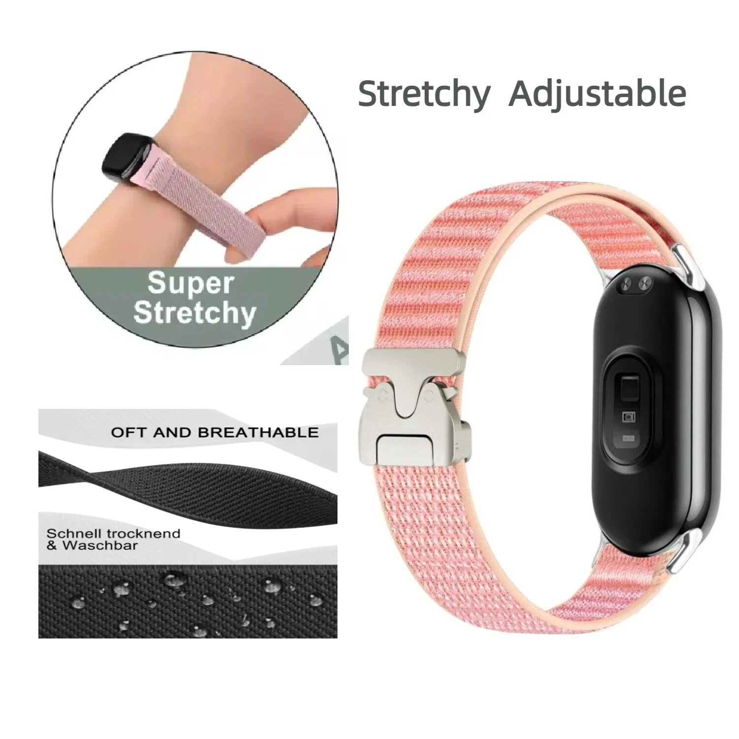 حزام لشاومي Mi Band10 9 8 مطاطا النايلون مضفر حلقة منفردة قابل للتعديل مشبك استبدال كوريا سوار Miband 8/ 9/10