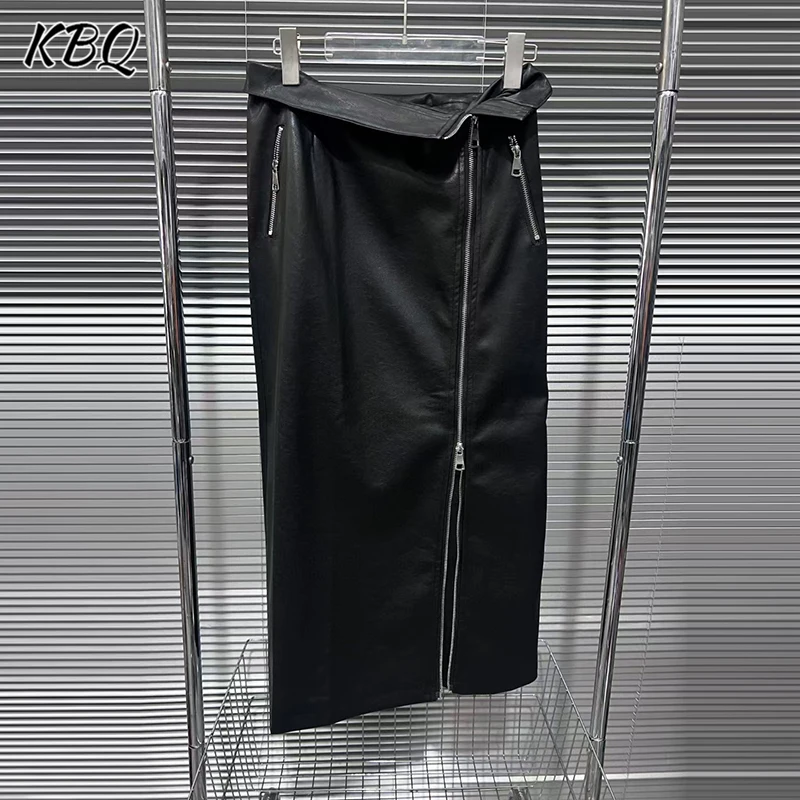 KBQ Solid Spliced Zipper Loose Skirt For Women High Waist Minimalist Casual Design Sense Skirt Female Fashion Style New Winter