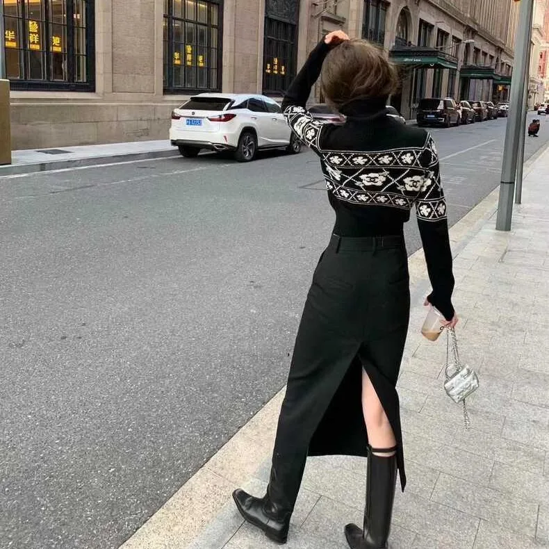 Maxdutti French Fashion Blogger Minimalist Black Woman Clothing Faldas High Waist Back Slit Wool A-line Skirt Midi Skirt Woman
