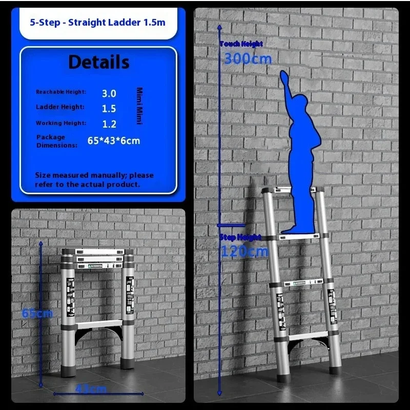 Aluminum alloy telescopic ladder, reinforced straight ladder, household climbing ladder, anti slip pedal, anti slide foot