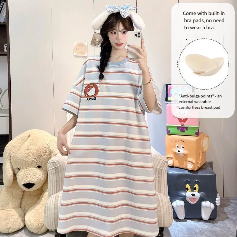 

Sanrio Hello Kitty Hot Pajama Dress Summer Sleep Nightdress Long Dresses Sleepwear Short Sleeve Night Skirt Student Home Clothes