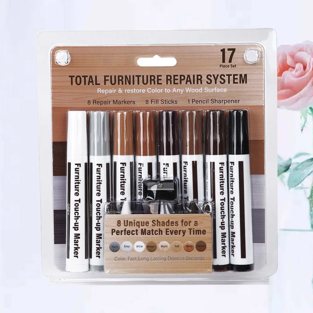 17Pcs Furniture Touch-Up Pens and Crayons Set Premium Non-Toxic Fast Drying Concealing Scratches Worn Edges Blemishes Wooden