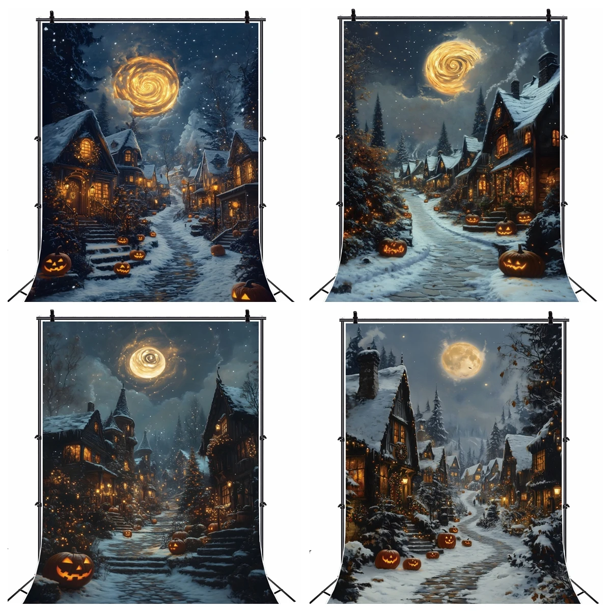 

Halloween Night Backdrop Full Moon Winter Snow House Street Pumpkin Kids Portrait Halloween Party Decor Photo Background Studio