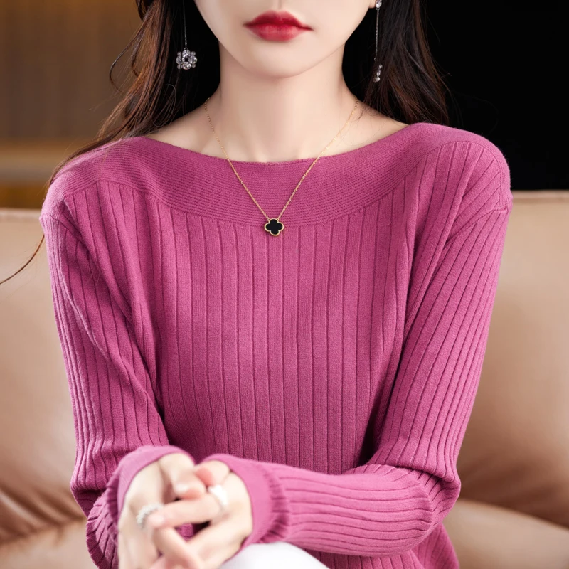 Women\'s Pullover Autumn/Winter New Casual Solid Color Knitwear One-Neck Sweater Ladies Clothes Loose Tops Basic Blouse