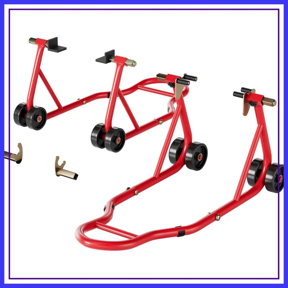 

882 Lbs Capacity Motorcycle Stands Combo, Front Rear Wheels Lift with U+L Adjustable Swingarm Spool, Heavy Duty Paddock Stands for BMW Suzuki Yamaha Honda Kawasaki, Red