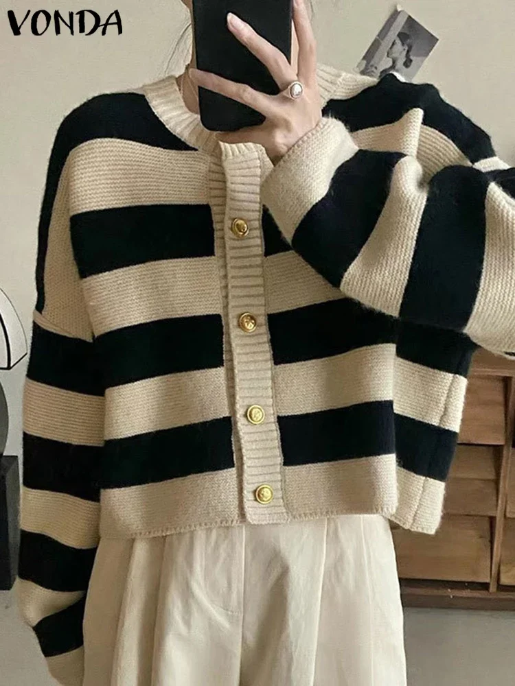 

2025 VONDA Women Sweaters Cardigans Long Sleeve Striped Fashion Autumn Knitted Jumpers Winter Casual Loose Knitwear Buttons Tops