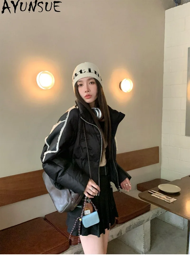 AYUNSUE Women Short 90% White Goose Down Coat Genuine Shearling Fur Overcoat Female Winter Clothng Puffe Jacket Women Casacos