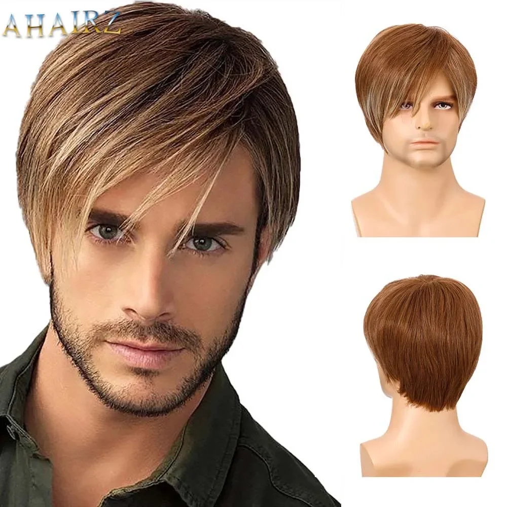 

Synthetic Hair Male Short Curly Wig Heat Resistant Fiber with Bangs Brown Blonde Wigs for Man Daily Use Cosplay Carnival Party