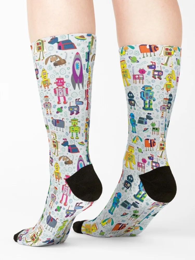 Robots in Space - grey - Small scale - fun Robot pattern by Cecca Designs Socks winter gym Lots Socks Women Men's