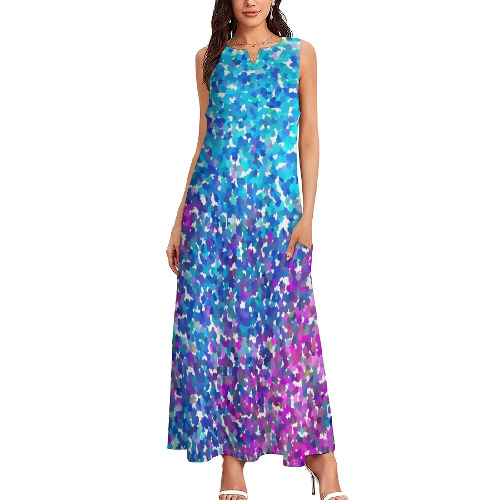 Turquoise Blue and Magenta Abstract Art Shapes Pattern Long Dress Women dresses summer prom dresses 2024