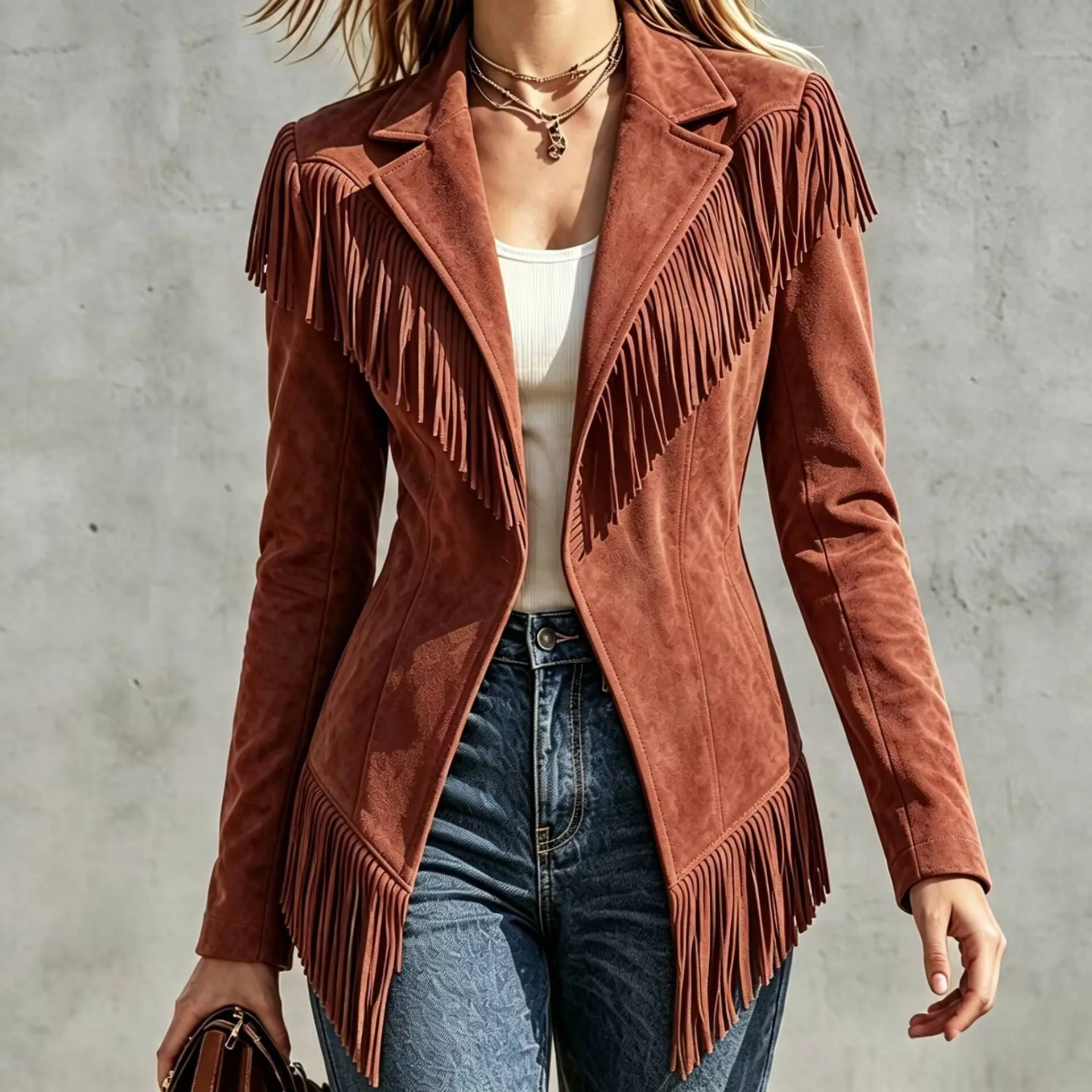 Lightweight Women's Long-sleeve Collared Jacket with Fringe Detailing; Available in Black, Red, Green, Khaki, Beige, Blue, Gray.