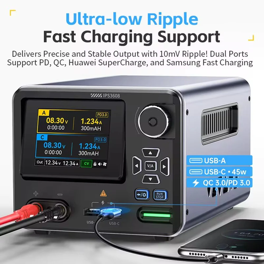 IPS3608 36V 8A Smart Lab Tool With Curve Display, USB-A And Type-C PD/QC Fast Charging, And Eight-Level Protection