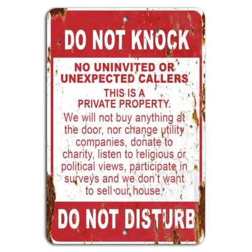 1e,Do Not Knock: Private Property - Distressed Red & White Metal Sign