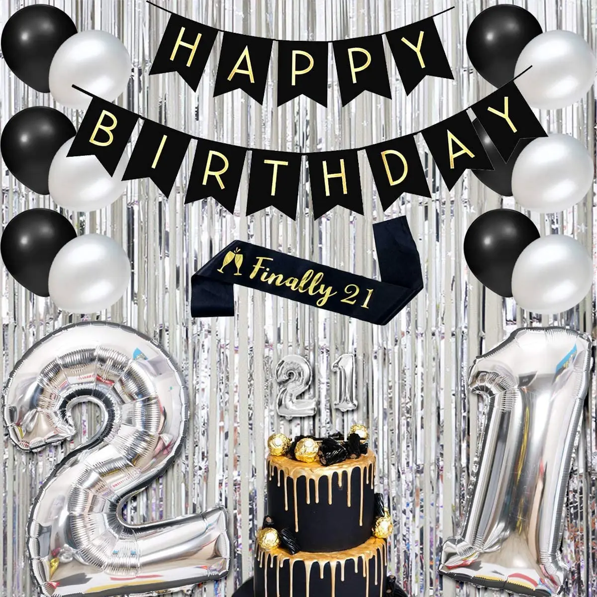 Sursurprise-Silver and Black Number 21 Foil Balloons, Sliver Curtain, Sash Cake Topper, 20 Birthday Decorations