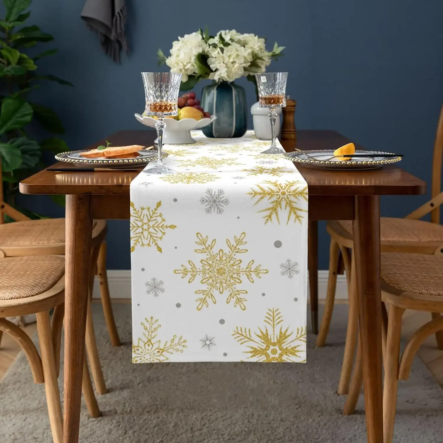 Christmas Gold Grey Snowflake Linen Table Runners Dressers Scarves Table Decor Xmas Dining Table Runners Christmas Decorations