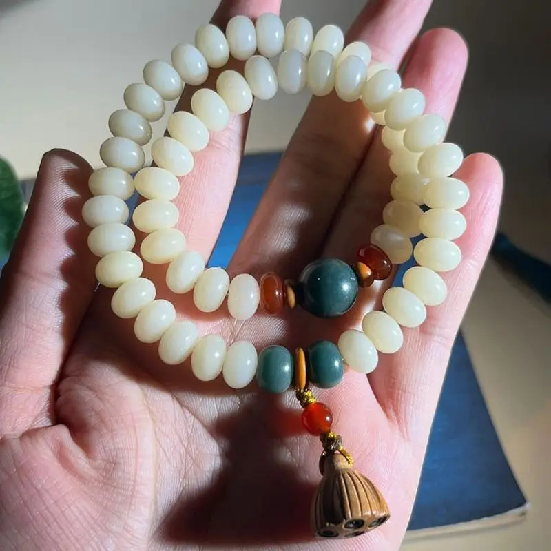 Jade-like Bodhi Root Double-Loop with Lotus Pod Accessories, Cream Yellow Abacus Bead Bracelet, Collectible Artifacts a