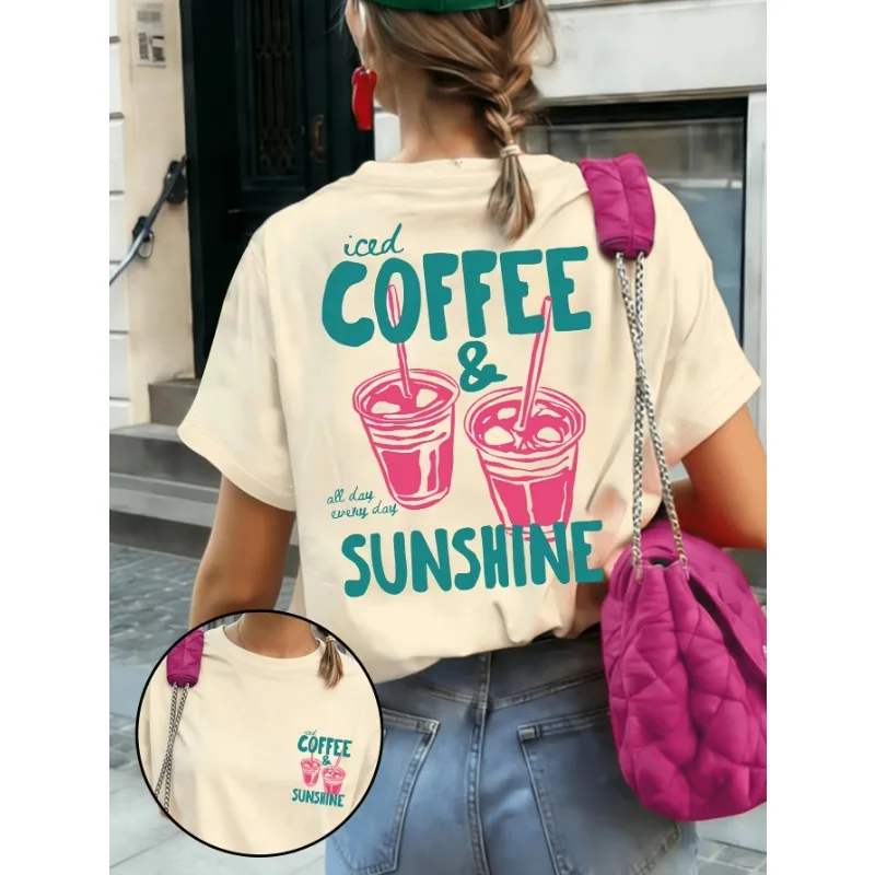 2026 Summer New Iced Coffee & Sunshine Graphic Print Cotton T-shirt For Women Short Sleeve Tees Casual Oversized Unisex Tops