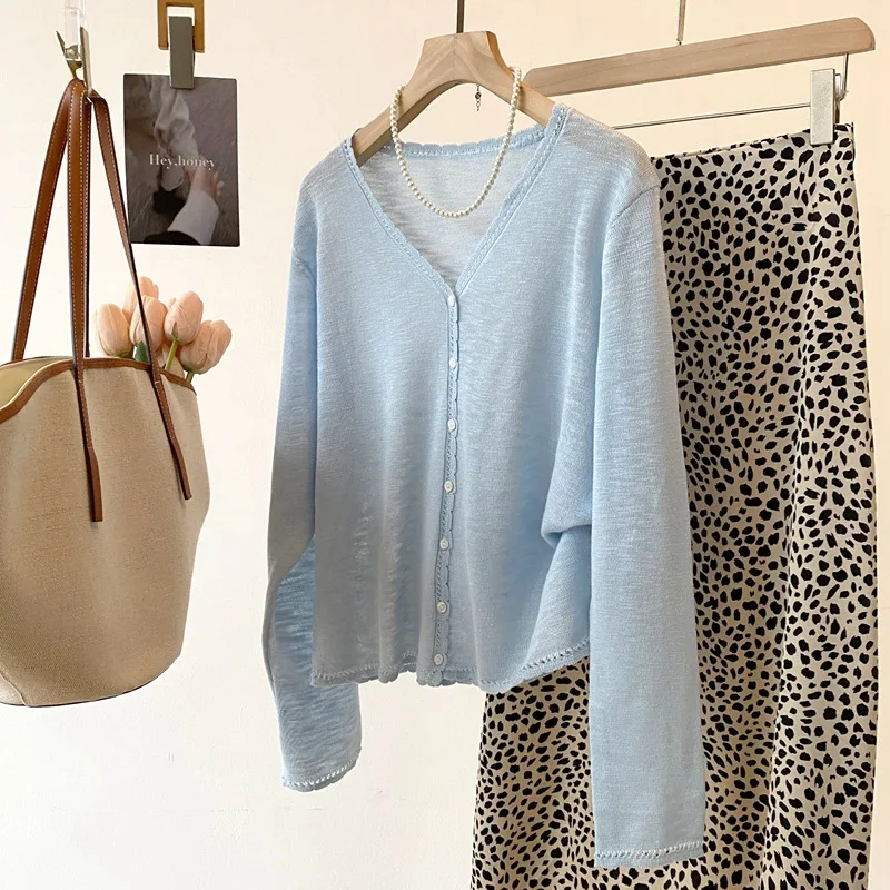 

Dave&di 26 Spring/summer New Product Sweet Wind V-neck Hand Hook Knitted Cardigan Women's Long Sleeve Bamboo Hemp Sunscreen