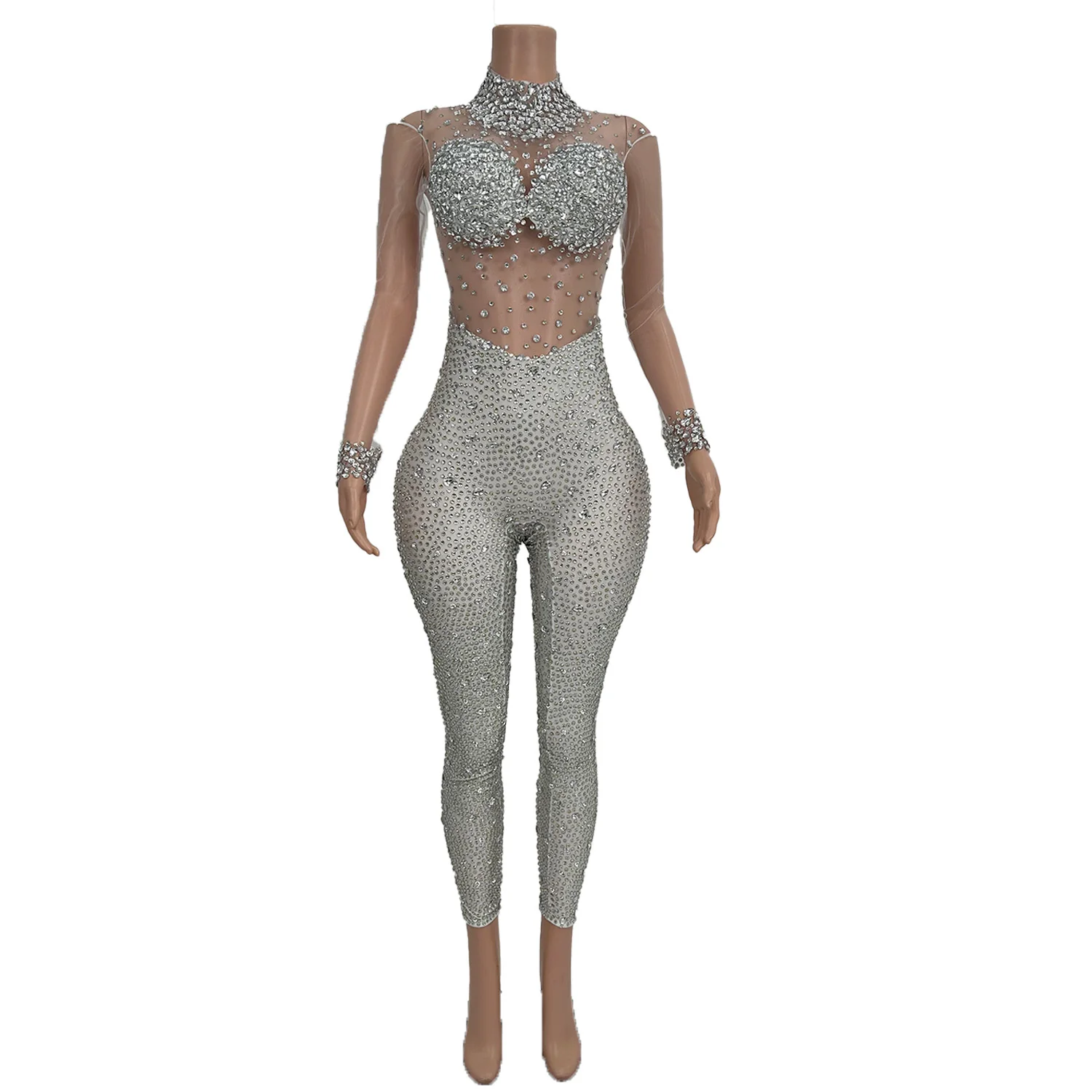 Sexy White Mesh Full Diamond Jumpsuit Style Street Sports Tight Pants Nightclub Festival Party Dress Stage Performance Costume