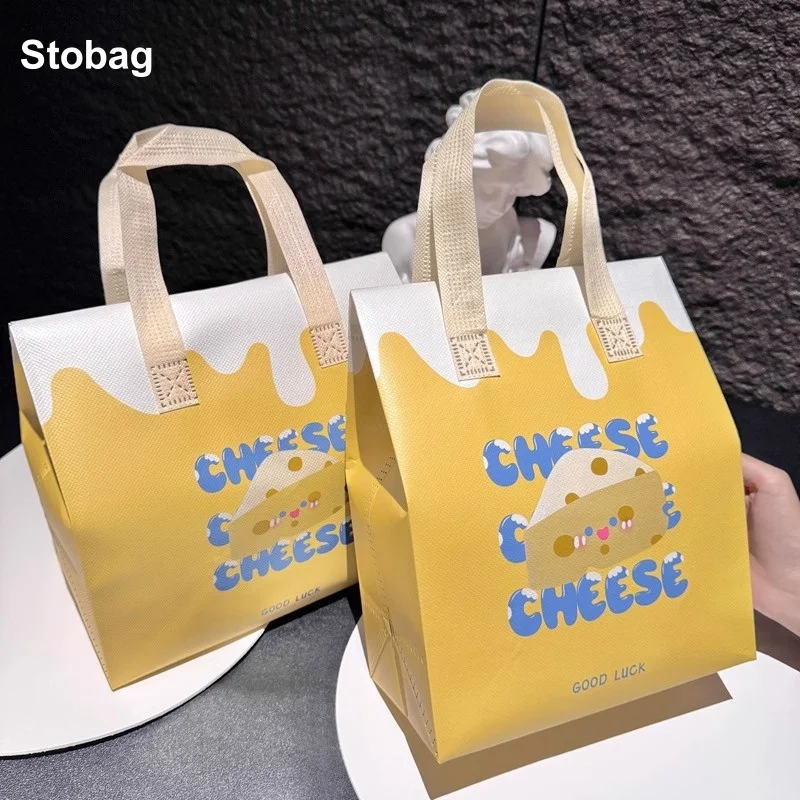 

StoBag 10pcs Cartoon Non-woven Insulation Tote Bag Fabric for Bread Food Package Keep Warm Delivery Reusable Pouch Portable