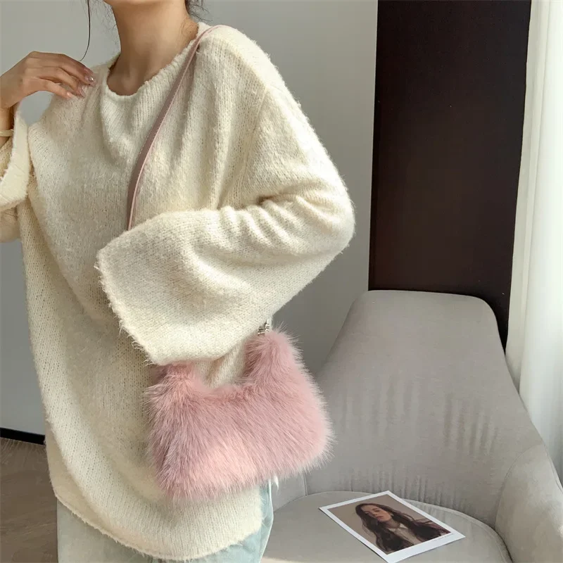 Women Plush Handbags Lady Shoulder Small Faux Fur Crossbody Bag  Long Wool Half-Moon Hobos Winter