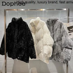 Shiny Gradient Sequin Black Velvet Jacket Women Stand Collar Long Sleeve Warm Cotton-Padded Female 2023 Winter Coat Parkas