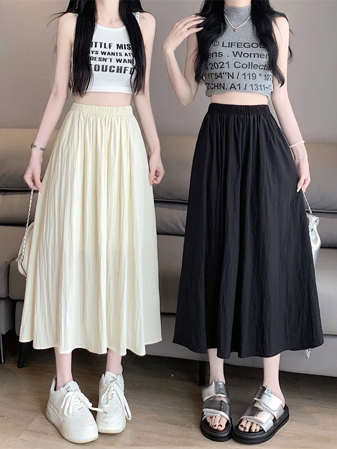 

Tencel Wrinkled Half Skirt for Women Elastic High Waist Versatile Slimming Mid Length A-line Skirt