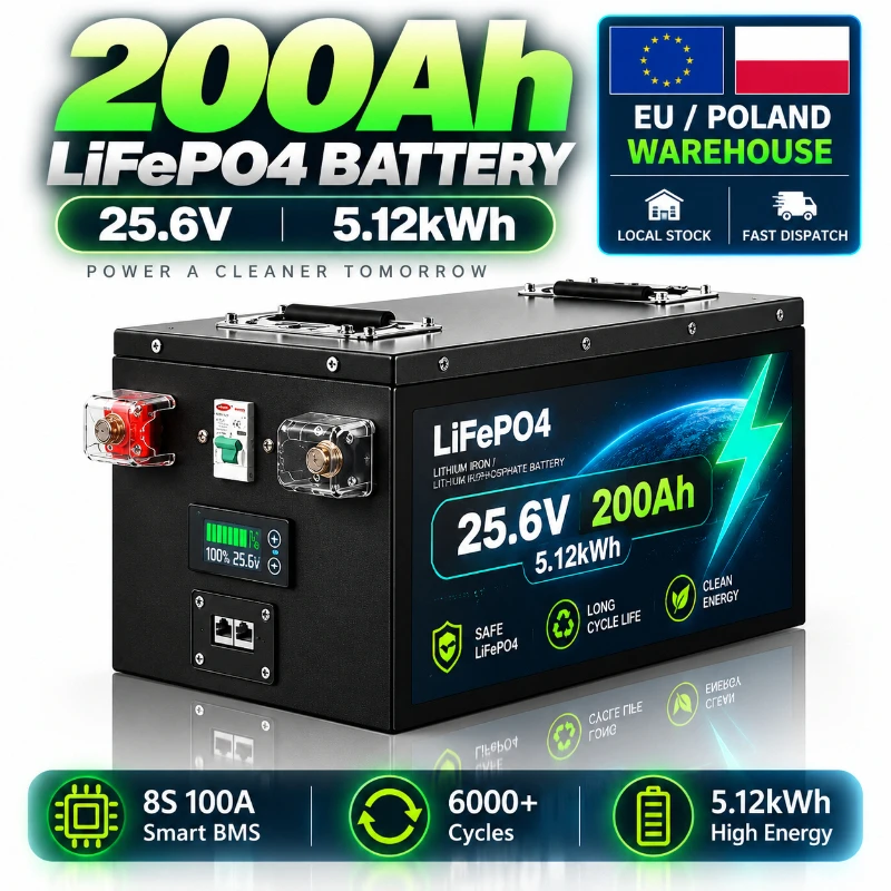 12,8V 25,6V 51,2V LiFePO4 Batterie 100Ah 120Ah 200Ah Lithium-Eisenphosphat-Batterie 6000+ Zyklen Smart BMS Deep Cycle Solar-Energiespeicher RV Marine UPS Off-Grid-Notstromversorgung EU Polen Lager