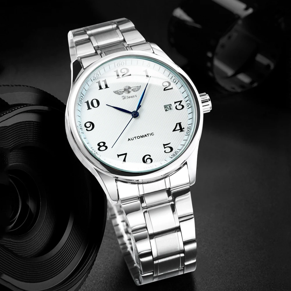 WINNER Minimalist Automatic Watch for Men Blue Pointers Top Brand Luxury Business Mechanical Watches Stainless Steel Strap Clock