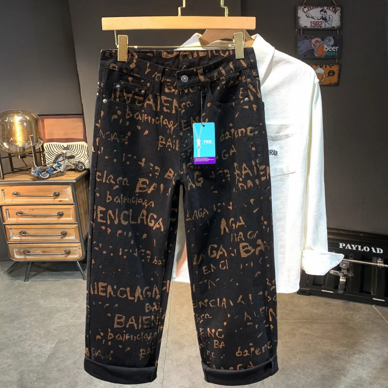 New Letter Printed Graffiti Loose And Versatile Black Jeans For Men Trendy With Stylish Personalized Straight Leg Casual Pants