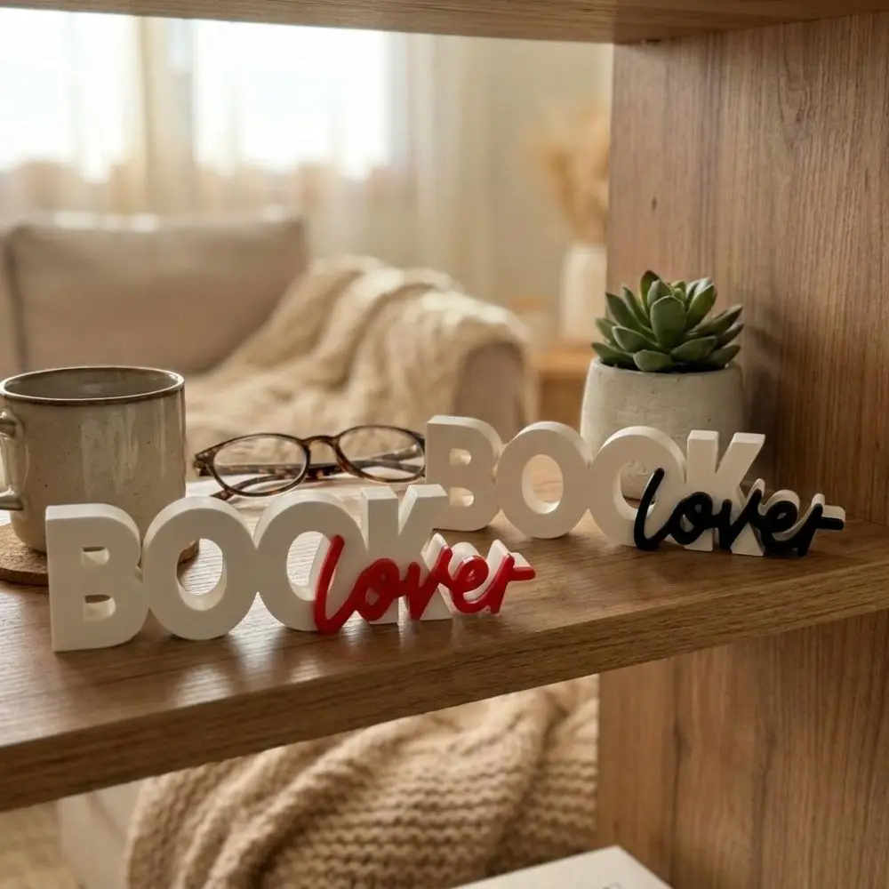 Plastic Book Lover 3D Letter Table Sign 3D Printed Minimalist Minimal Book Desk Figurine Literary Reading Themed Anti-Tip Base
