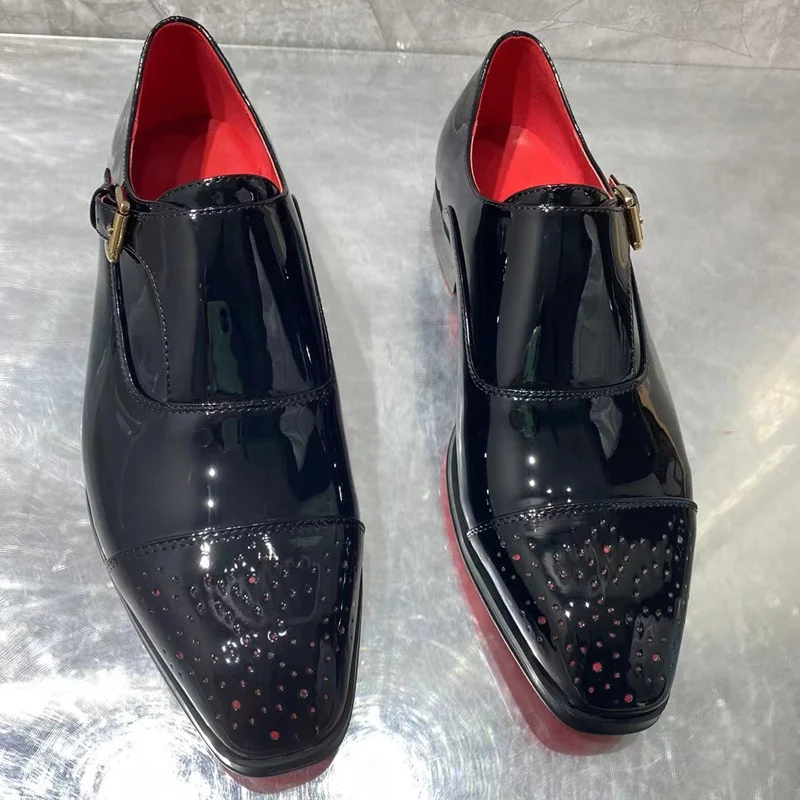 Men Black Patent Leather Shoes Fashion Buckle Loafer Men Dress Shoes Slip On Breathable Formal Shoes Casual Office Shoes