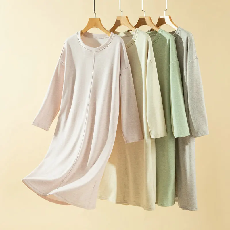 

New Autumn Long Sleeve Women's Nightgown One-Piece Pajamas Solid Color Sleeping Sleepwear Dress Nightdress For Female