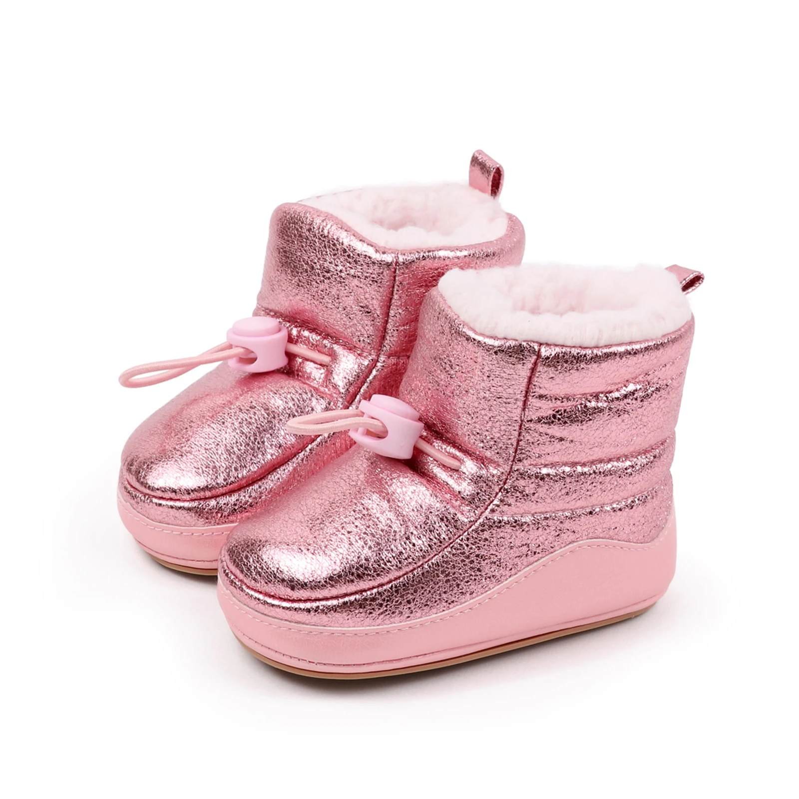 Baby Metallic Winter Booties Fleece Lined Soft Non-slip Drawstring Warm Walking Shoes Boots for Infant Boy Girl